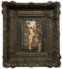 The ornate, antique frame by Handiedan showcases an intricate artwork depicting a surreal human figure with abstract patterns and textures. This mixed media collages dark palette contrasts beautifully with the detailed frame.