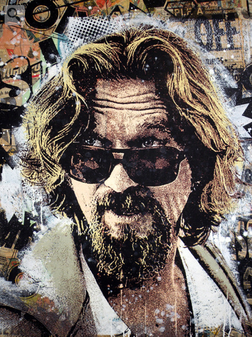 An artwork of a long-haired, bearded man, similar to The Dude, in sunglasses and a casual jacket. The background is a colorful collage with graffiti-like patterns and text, blending acrylic painting styles by Greg Gossel.