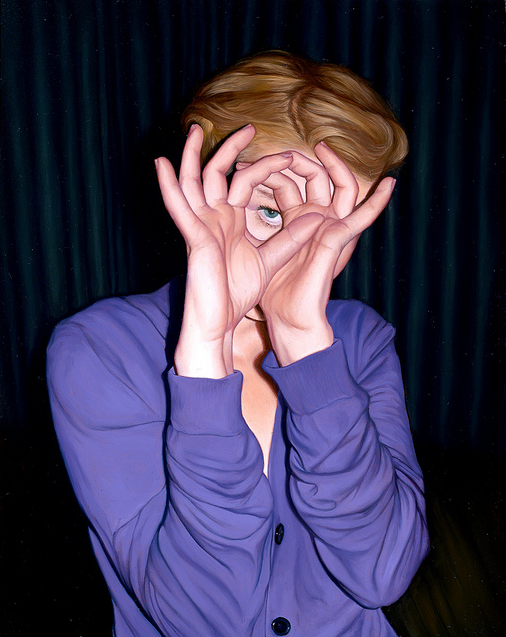 Dressed in a purple shirt, someone forms a circular hand shape over one eye, evoking mystery against a backdrop of dark curtain-like drapes. Its reminiscent of Jeff Ramirezs enigmatic art style.