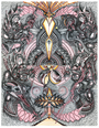 Intricate abstract art by Erik Siador features interwoven shapes, patterns, faces, and a central eye surrounded by mythical creatures and geometric motifs in black, white, red, and yellow tones. Created using ink on Strathmore 500 illustration board.