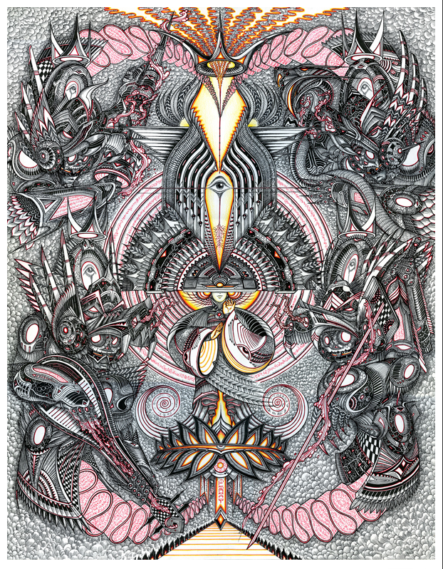 Intricate abstract art by Erik Siador features interwoven shapes, patterns, faces, and a central eye surrounded by mythical creatures and geometric motifs in black, white, red, and yellow tones. Created using ink on Strathmore 500 illustration board.