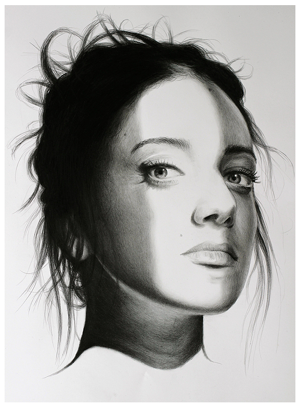 Graphite sketch of a woman with wavy, loosely tied hair gazing upward. One side of her face is shadowed, showcasing detailed texture and shading in a style reminiscent of Matt Doust.