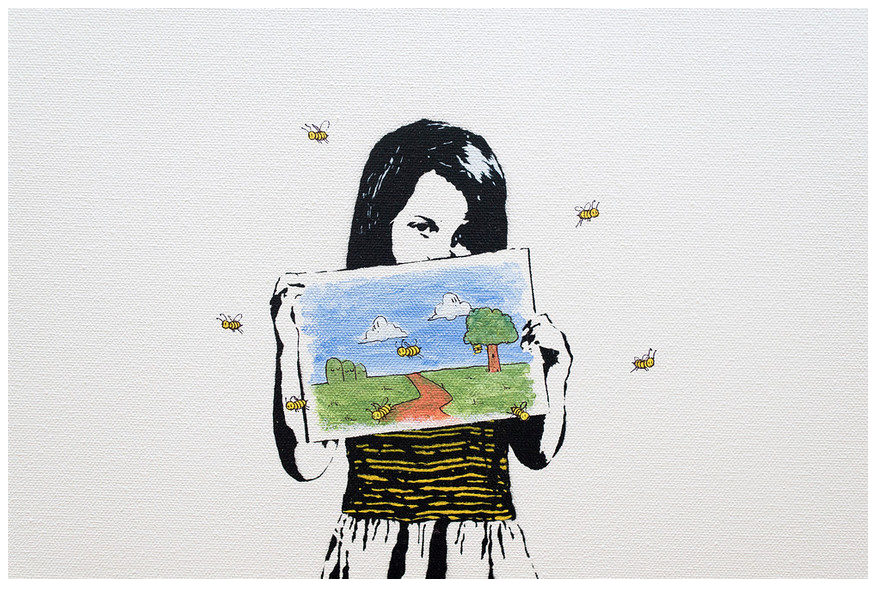 A girl is holding a mixed media drawing on canvas from the Bumblebee brand. It features a landscape with trees, hills, and a path under a blue sky, surrounded by small bumblebees, blending realistic and illustrative styles seamlessly.