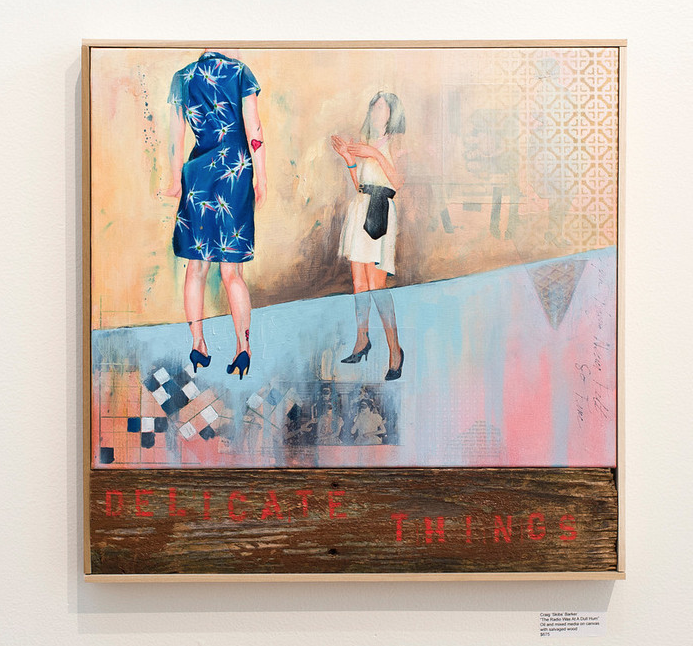 Craig Skibs Barkers mixed media artwork showcases two women, one in a blue dress and the other in white, against an abstract pastel backdrop. Delicate Things is inscribed on a wooden strip at the bottom, creating an art gallery centerpiece effect.