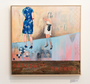 Craig Skibs Barkers mixed media artwork showcases two women, one in a blue dress and the other in white, against an abstract pastel backdrop. Delicate Things is inscribed on a wooden strip at the bottom, creating an art gallery centerpiece effect.