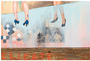 This oil and mixed media collage by Craig Skibs Barker features womens legs in high heels, abstract checkered patterns, and a textured wooden base. It uses pastel shades with vintage photo elements and red text highlights to evoke his distinctive style.