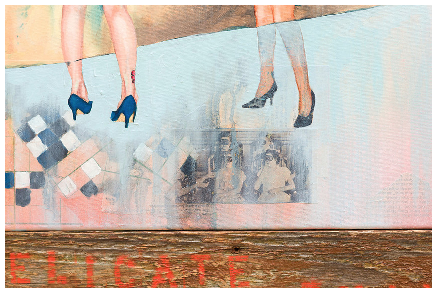 This oil and mixed media collage by Craig Skibs Barker features womens legs in high heels, abstract checkered patterns, and a textured wooden base. It uses pastel shades with vintage photo elements and red text highlights to evoke his distinctive style.