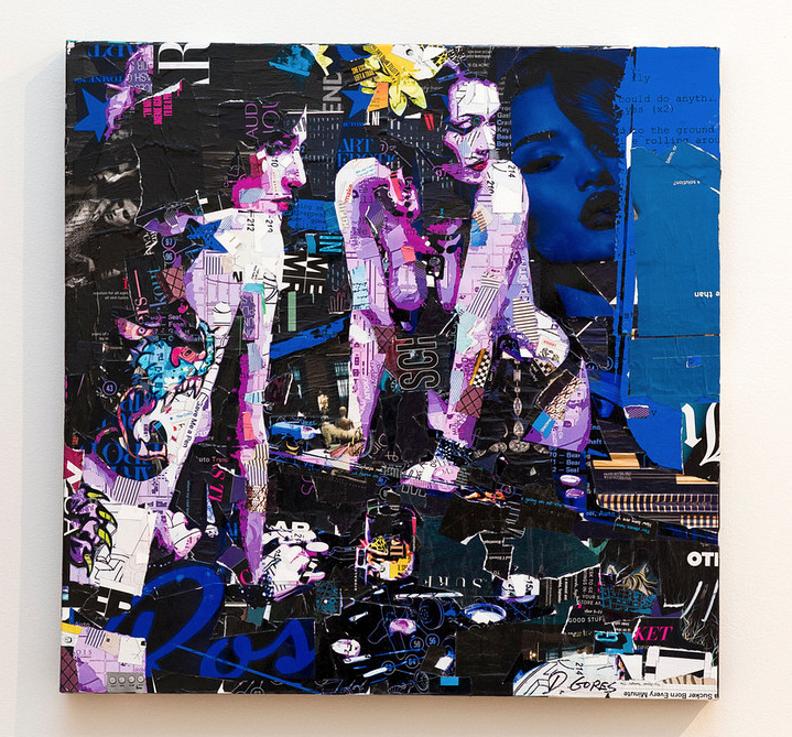 Derek Gores vibrant canvas collage features layered magazine clippings, abstract patterns, and fragmented images in purples and blues. Text elements and varied textures merge to create a dynamic, chaotic visual experience suited for any art gallery.