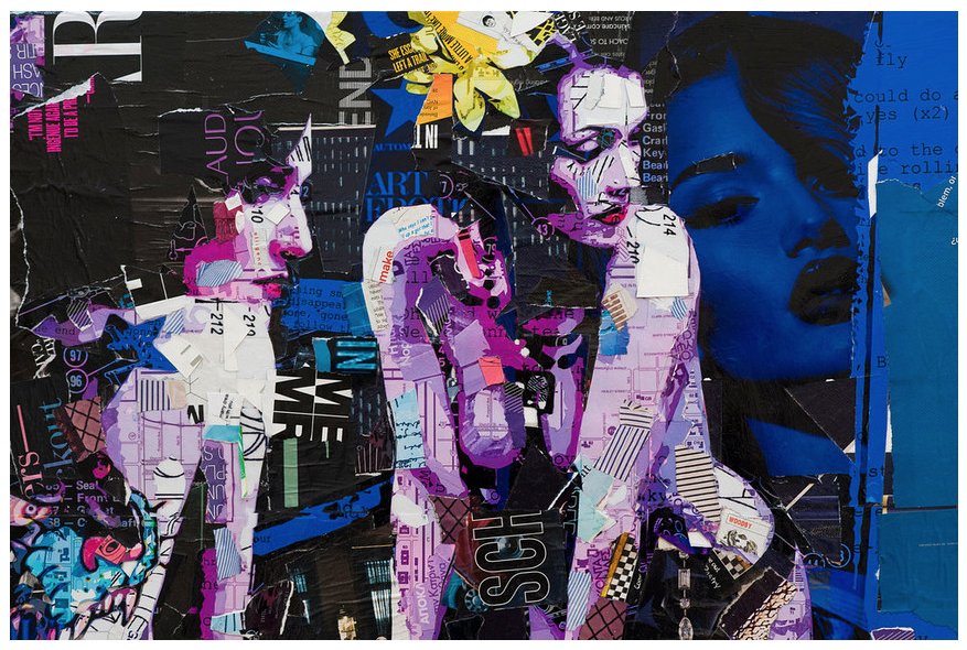 Derek Gores vibrant collage on canvas showcases abstract figures and text in purple, blue, and black. A prominent blue face contrasts with fragmented forms and scattered lettering, creating a striking focal point for any gallery.