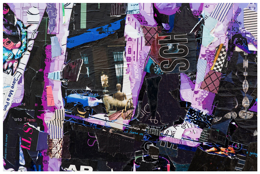 A vibrant abstract collage on canvas by Derek Gores showcases layers of torn paper with text, patterns, and mixed textures. Dominated by purple, black, and white tones, the artwork creates a dynamic and chaotic visual composition perfect for any art gallery.