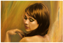 This Nathan DeYoung acrylic painting features a woman with brown hair and green eyeshadow, her hand resting on her shoulder against a warm backdrop of green, yellow, and brown hues. It beautifully captures the Sheltered Layers style.