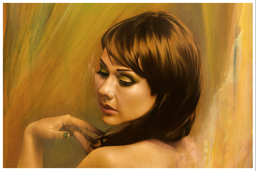 This Nathan DeYoung acrylic painting features a woman with brown hair and green eyeshadow, her hand resting on her shoulder against a warm backdrop of green, yellow, and brown hues. It beautifully captures the Sheltered Layers style.