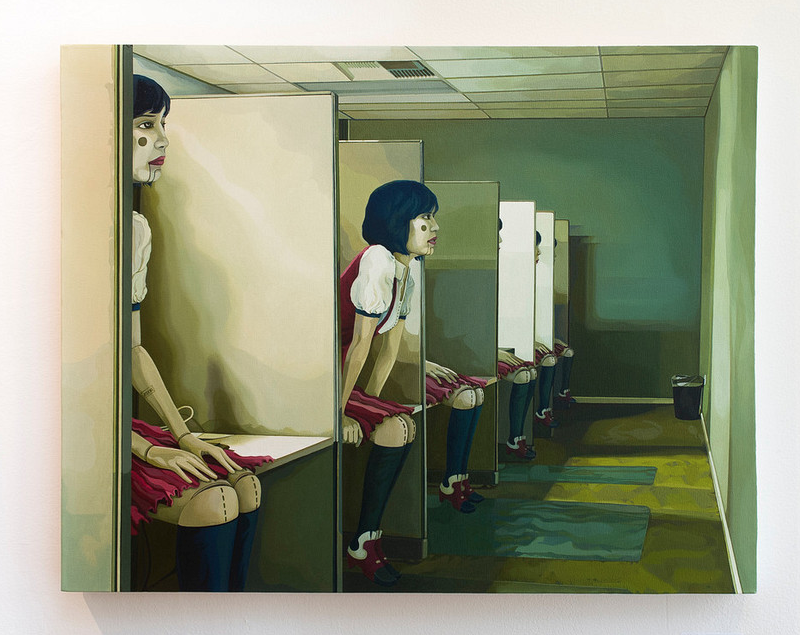 Jolene Lais oil on canvas The Happy Worker depicts cubicles with doll-like figures in red and white outfits, all sitting forward in a dimly lit row, ending with a lone trash can.