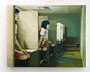 Jolene Lais oil on canvas The Happy Worker depicts cubicles with doll-like figures in red and white outfits, all sitting forward in a dimly lit row, ending with a lone trash can.