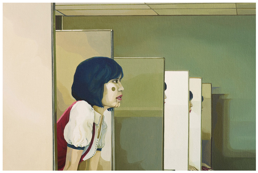 Jolene Lais oil on canvas painting portrays a woman with short dark hair and a white blouse peering from a softly lit bathroom stall, her face reflected in mirrors creating a surreal effect akin to The Happy Worker series.