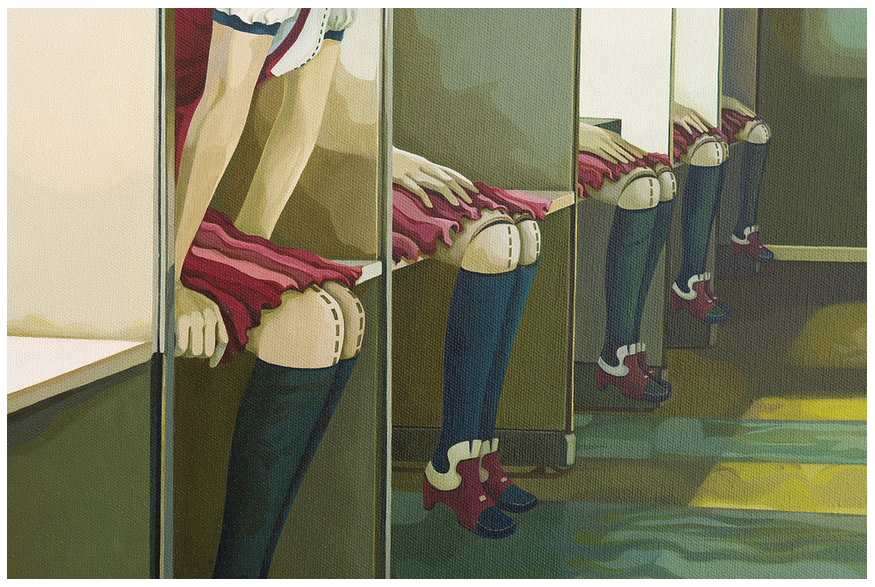 Channeling Jolene Lais style, this illustration features four women distinguished by red skirts, knee-high socks, and matching shoes in a booth setting. The scene highlights their poised legs and hands against a dreamscape inspired by oil on canvas.