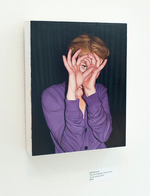 Jeff Ramirezs captivating oil on wood panel features a short-haired individual in a purple top framing their face with hand-made circles around the eyes. Displayed on a white wall, it offers insight into an art payment plan for interested collectors.