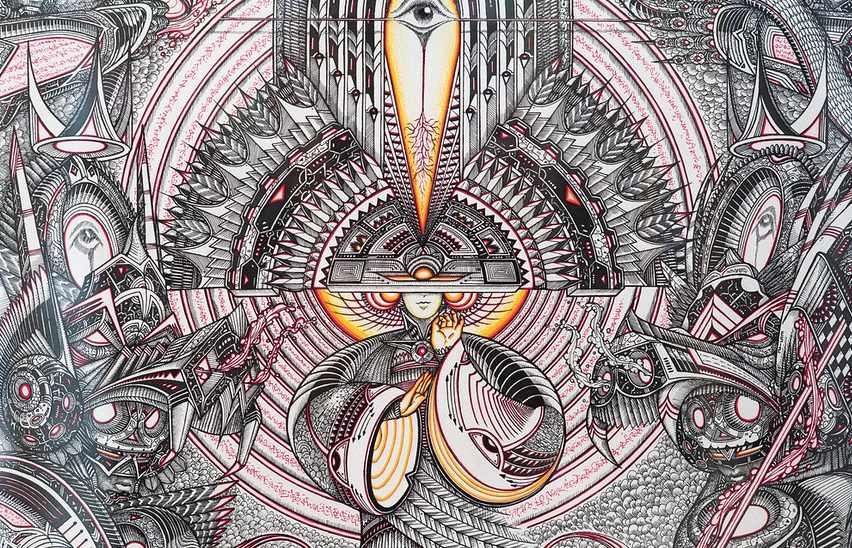 A complex abstract illustration by Erik Siador showcases intricate patterns and geometric shapes with eye motifs, circular elements, and vivid red, black, and white details, all on strathmore 500 board. The design fuses surrealism with futuristic themes in a symmetrical style.
