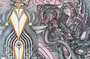Erik Siadors Protect Your Path features colorful abstract artwork on Strathmore 500 illustration board, blending intricate patterns with eyes, swirling lines, and geometric forms in red, yellow, black, and white for a dynamic visual.