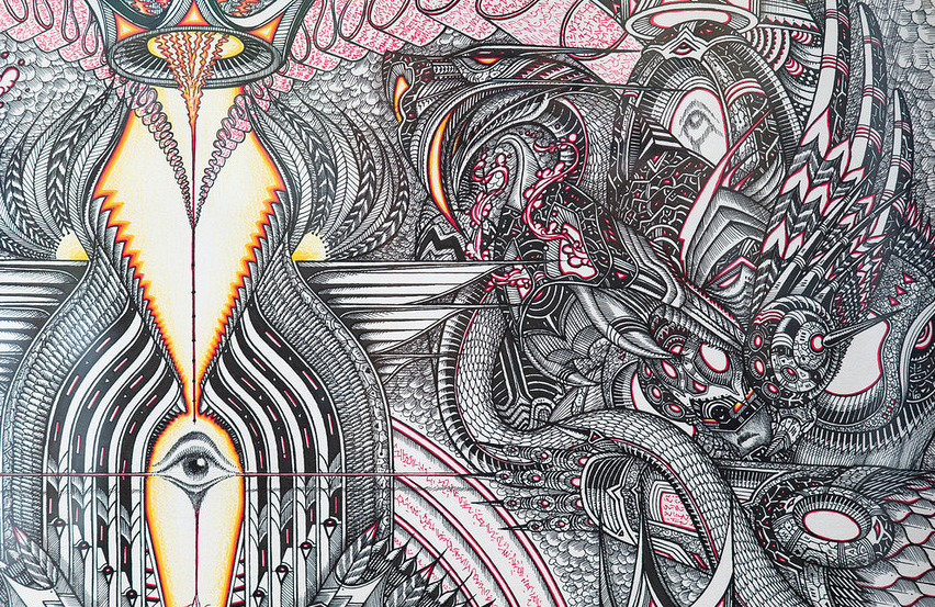 Erik Siadors Protect Your Path features colorful abstract artwork on Strathmore 500 illustration board, blending intricate patterns with eyes, swirling lines, and geometric forms in red, yellow, black, and white for a dynamic visual.