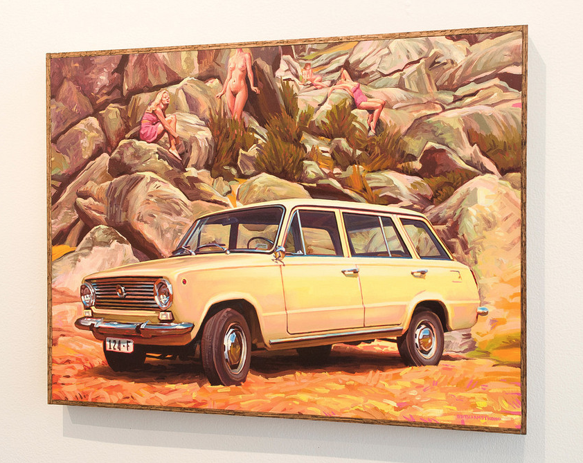 Seth Armstrongs oil artwork features a vintage yellow station wagon in a desert scene with three nude figures on rocky terrain, showcasing warm, earthy tones and an impressionistic style.