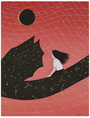 A person with long hair sits on a dragons wood panel tail of hexagonal scales against a starry pink sky, gazing at a black sun with an orange outline. Painted in gouache by Dan-ah Kim, the tail features small colored spots.