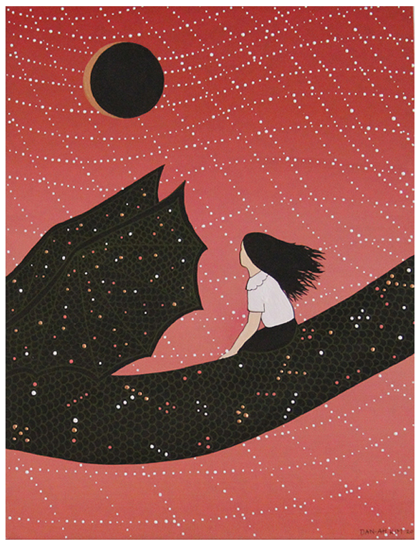 A person with long hair sits on a dragons wood panel tail of hexagonal scales against a starry pink sky, gazing at a black sun with an orange outline. Painted in gouache by Dan-ah Kim, the tail features small colored spots.