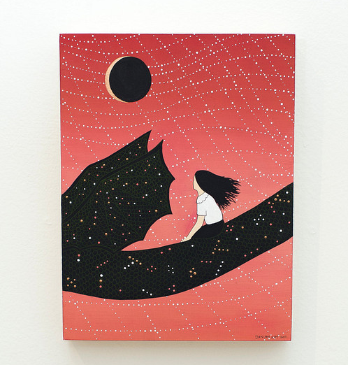 A gouache painting depicts a person on a dragon, facing away. The sky is filled with star-like white dots on a red background and black circle hinting at an eclipse, inspired by Dan-ah Kims ethereal style. The dragon spreads its wings wide across the wood panel.