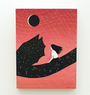 A gouache painting depicts a person on a dragon, facing away. The sky is filled with star-like white dots on a red background and black circle hinting at an eclipse, inspired by Dan-ah Kims ethereal style. The dragon spreads its wings wide across the wood panel.