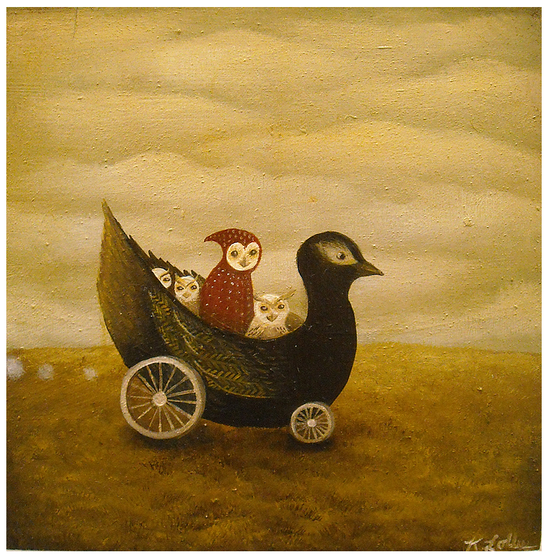 Joyride #2, an oil on wood panel by Kathleen Lolley, depicts surreal bird-like creatures in a bird-shaped cart with wheels, set against a dull cloudy sky and flat brown landscape. The colorful birds exhibit diverse expressions.