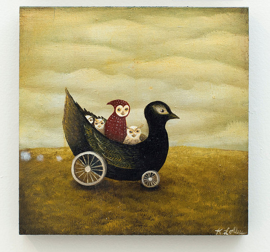 Kathleen Lolleys surreal Joyride #2 features a bird-shaped carriage gliding across grass. Inside, four whimsical creatures resembling a cat, owl, and other fantasy animals embark on an enchanting journey under a cloudy sky. Its an oil on wood panel capturing magic and whimsy.