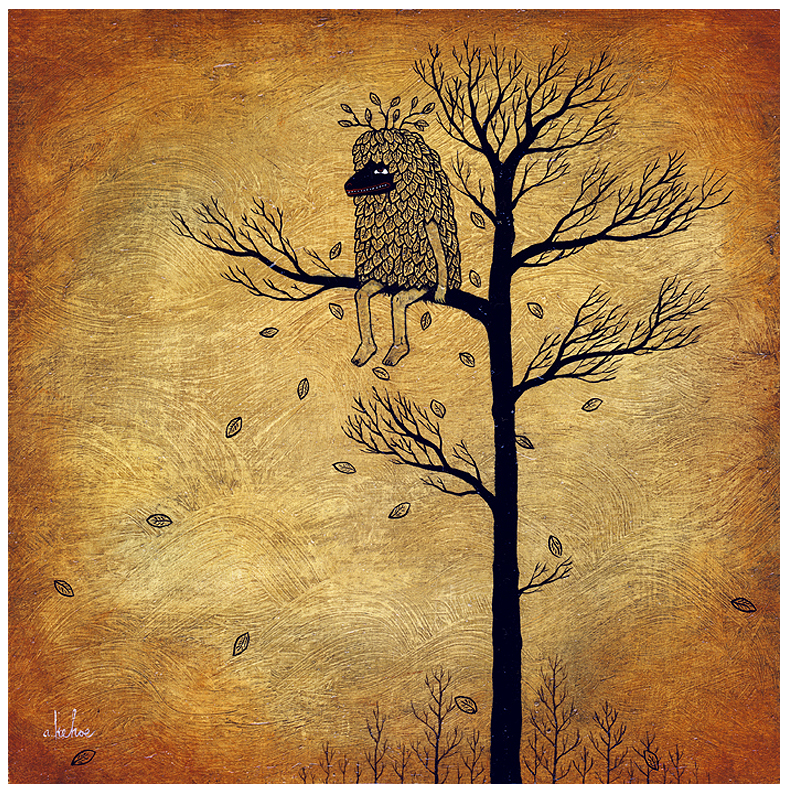A whimsical creature with a leaf-patterned body and leafy crown sits on a bare branch against a textured, warm-toned background, echoing an Andy Kehoe masterpiece. Loose leaves float around, enhancing the mystical aura reminiscent of art galleries.