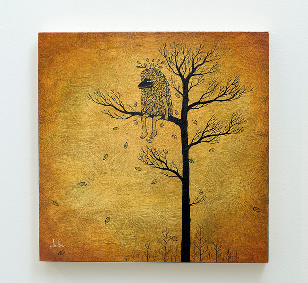 A whimsical painting of a lone figure blends seamlessly with an autumnal backdrop, exuding a surreal atmosphere. Adorned with leaf-like textures and featuring oil and acrylic elements, this piece, reminiscent of Andy Kehoes work, would captivate any art gallery visitor.
