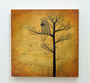 A whimsical painting of a lone figure blends seamlessly with an autumnal backdrop, exuding a surreal atmosphere. Adorned with leaf-like textures and featuring oil and acrylic elements, this piece, reminiscent of Andy Kehoes work, would captivate any art gallery visitor.