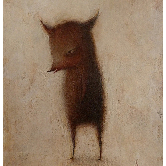 A whimsical creature with fox-like and human features, stands on two legs against an earthy textured background similar to a Paul Barnes artwork. It has a youthful, sly look, two small horns, and a long pointed snout.