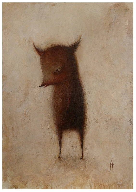 A whimsical creature with fox-like and human features, stands on two legs against an earthy textured background similar to a Paul Barnes artwork. It has a youthful, sly look, two small horns, and a long pointed snout.