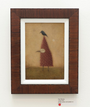 Paul Barnes acrylic painting features a tall red triangular-bodied bird with thin legs and a small black bird perched on its head, set against a muted backdrop with subtle textures, creating an intriguing and eerie essence.
