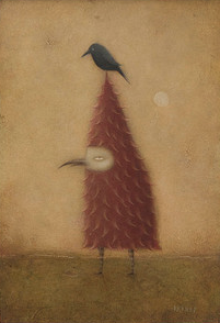 In Paul Barnes acrylic painting, a whimsical creature with a red feathered cone body and thin legs stands with bird-like grace, featuring a long beak and closed eye. It exudes mystery as a small black bird perches on its head against an earthy backdrop.