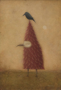 In Paul Barnes acrylic painting, a whimsical creature with a red feathered cone body and thin legs stands with bird-like grace, featuring a long beak and closed eye. It exudes mystery as a small black bird perches on its head against an earthy backdrop.