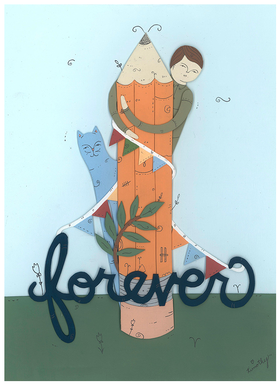 Timothy Karpinskis illustration features a smiling person embracing a vine-wrapped pencil, mimicking hand-cut paper art. A serene blue cat stands beside it, surrounded by colorful triangular flags. The word forever is elegantly scripted underneath.