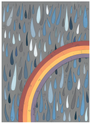 This vibrant, Timothy Karpinski-style acrylic artwork showcases blue-gray raindrops on gray with a rainbow arching from the bottom right to the center, providing a colorful contrast. Featured at Spoke Art Gallery.