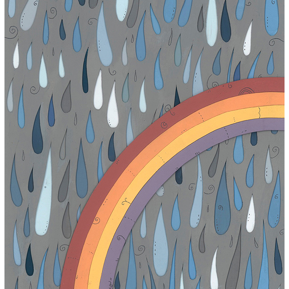 This vibrant, Timothy Karpinski-style acrylic artwork showcases blue-gray raindrops on gray with a rainbow arching from the bottom right to the center, providing a colorful contrast. Featured at Spoke Art Gallery.