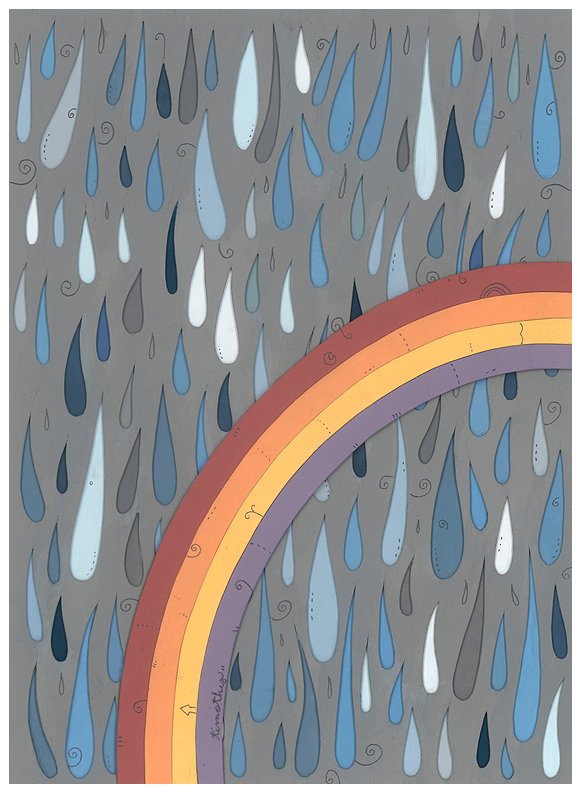 This vibrant, Timothy Karpinski-style acrylic artwork showcases blue-gray raindrops on gray with a rainbow arching from the bottom right to the center, providing a colorful contrast. Featured at Spoke Art Gallery.