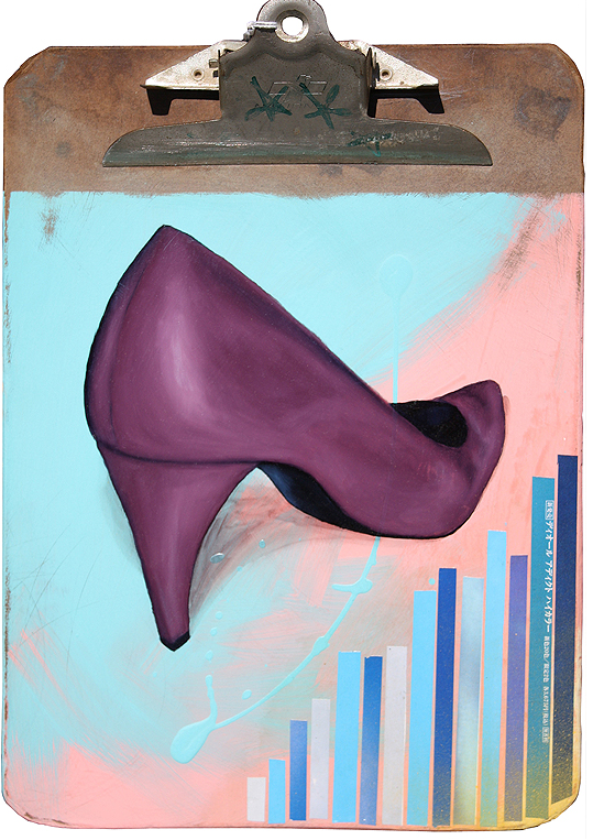 A vibrant clipboard artwork by Craig Skibs Barker features a purple high-heeled shoe against a dynamic background of geometric shapes and bar graphs in blues, oranges, and yellows, highlighting his signature style with oil and mixed media.
