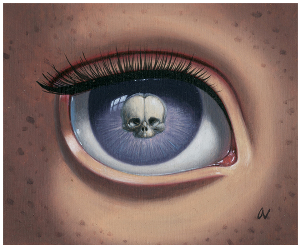 Ana Bagayans Skeleton Eye features a detailed iris with a skull center, surrounded by freckled skin and framed by a row of eyelashes. This oil on panel artwork offers a surreal, eerie vibe thats unforgettable.