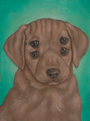 Casey Weldons acrylic on wood painting at Spoke Art Gallery depicts a whimsical brown puppy with multiple eyes and noses against a vibrant green background.