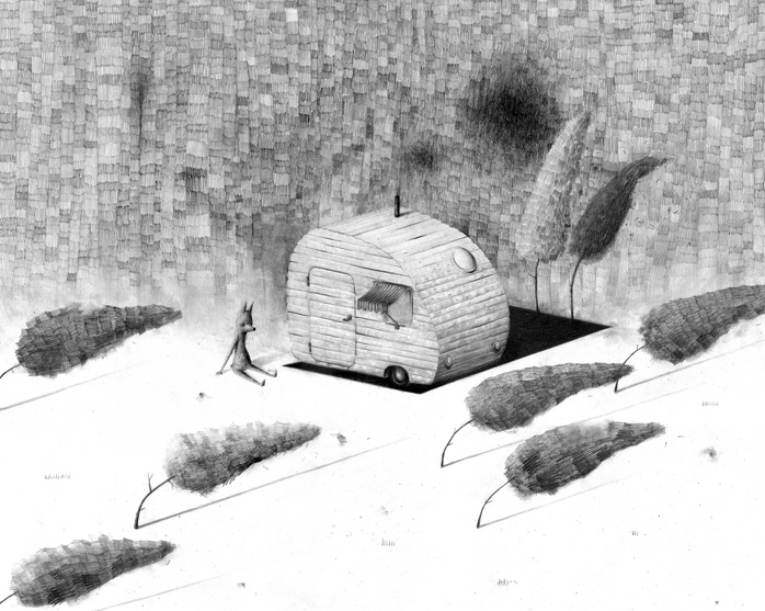 A graphite sketch on paper shows a wooden caravan in a sparse landscape with a figure approaching under a textured sky. Tall, slender trees and shadows create a tranquil camping adventure vibe in this scene inspired by Jonas Lofgren.