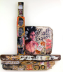 This mixed media artwork by Serge Gay Jr. features an acrylic painting of a woman with curlers holding a Malt Liquor bottle, surrounded by smaller portraits and urban-themed text and images, creating a vibrant display on wooden planks.