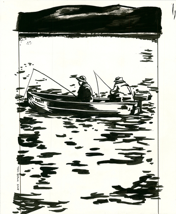 A Tim Doyle-style black and white illustration depicts two people fishing from a small boat on a tranquil water body. The scene features water reflections and a distant land outline.