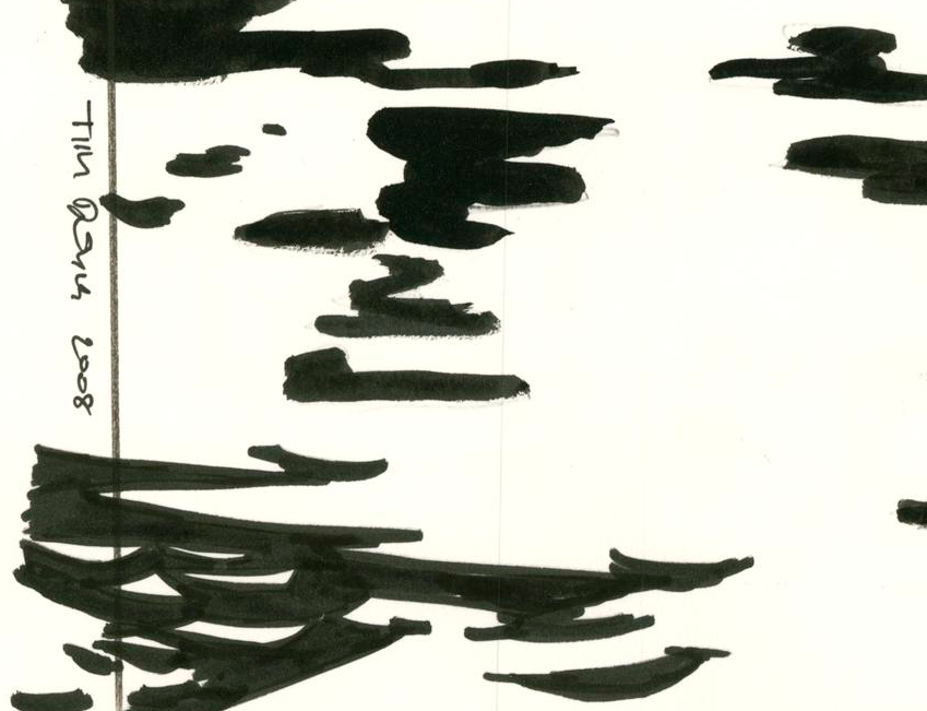 Vertical black ink strokes on white evoke a dynamic Tim Doyle pattern, akin to a Godfather 2 scene. The strokes, varying in thickness and length, include handwritten text on the left side.